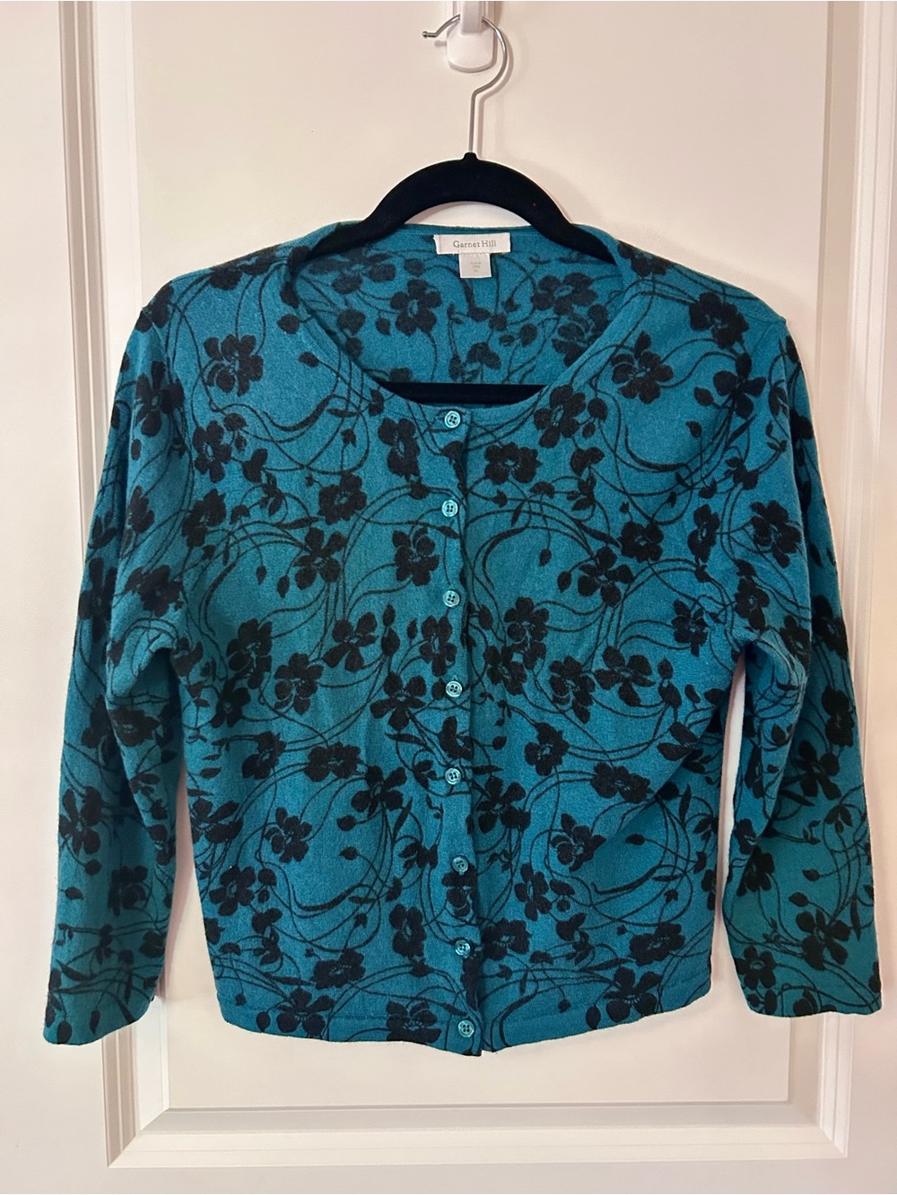 Garnet Hill Teal and Black Floral Button-Front Cardigan